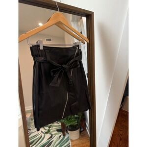 New Rachel Roy Faux Leather Mini Skirt‎ Zipper Front Tie Waist Black Size 0